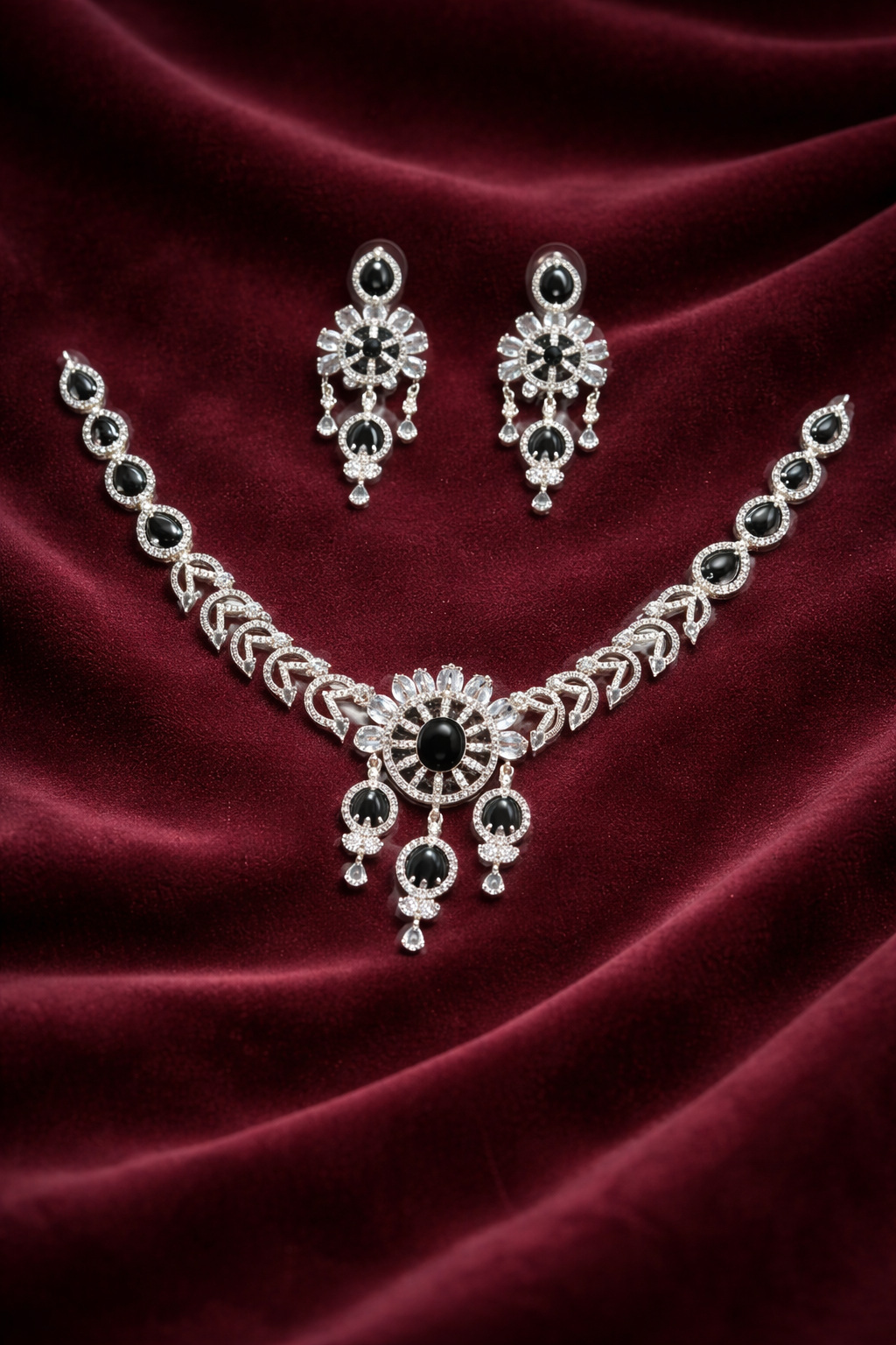 Black Stone Floral Necklace Set with Statement Drop Earrings