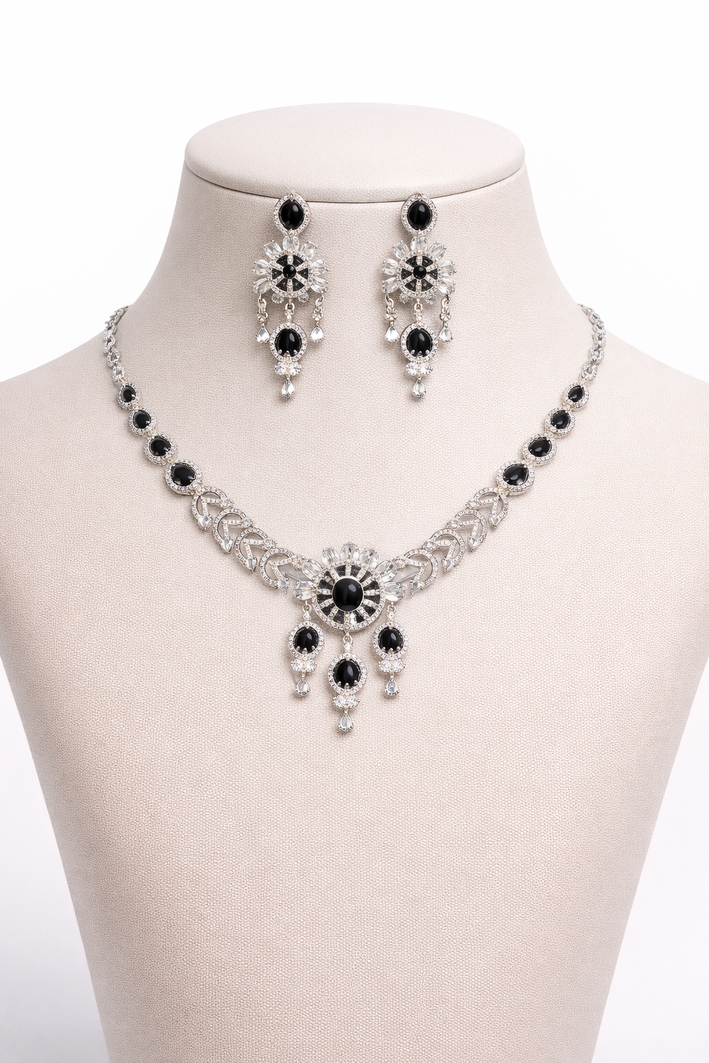 Black Stone Floral Necklace Set with Statement Drop Earrings