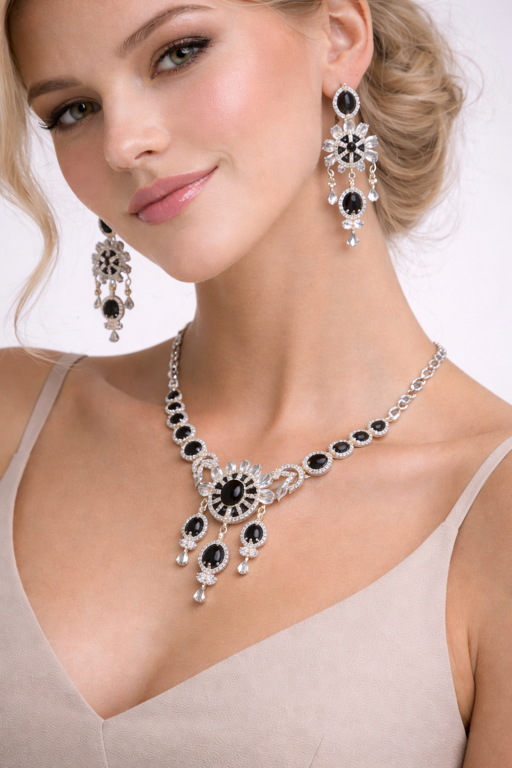 Black Stone Floral Necklace Set with Statement Drop Earrings