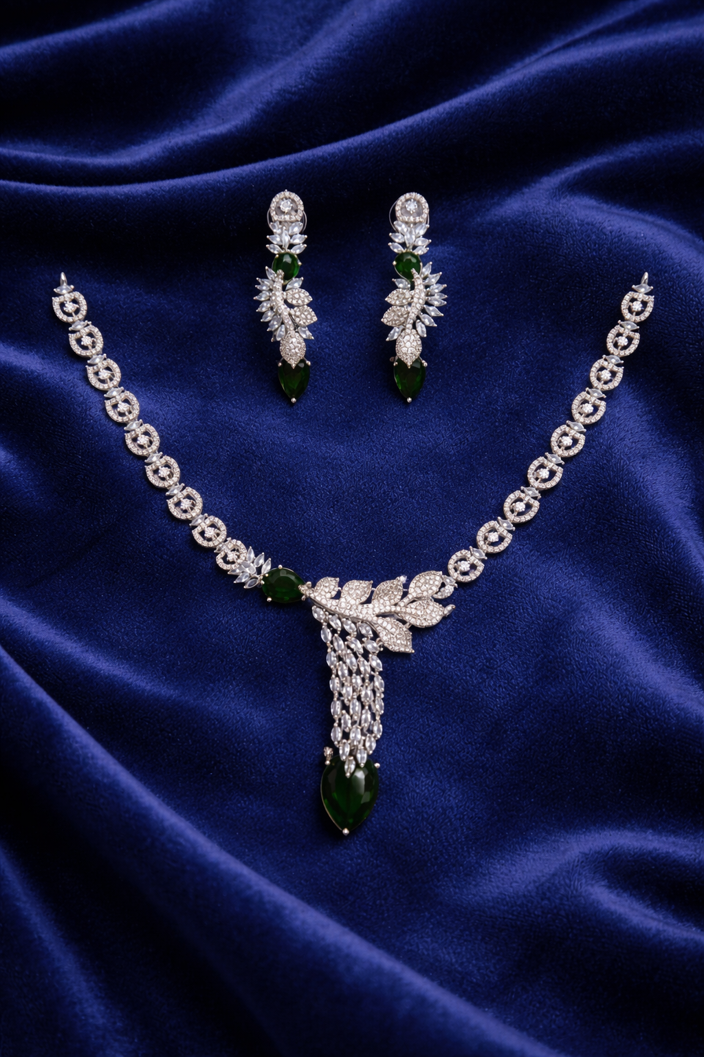 Blue Stone Necklace Set with Leaf Chain and Tassel Drops