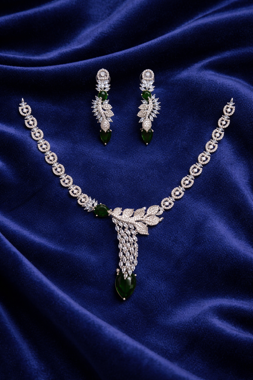 Blue Stone Necklace Set with Leaf Chain and Tassel Drops