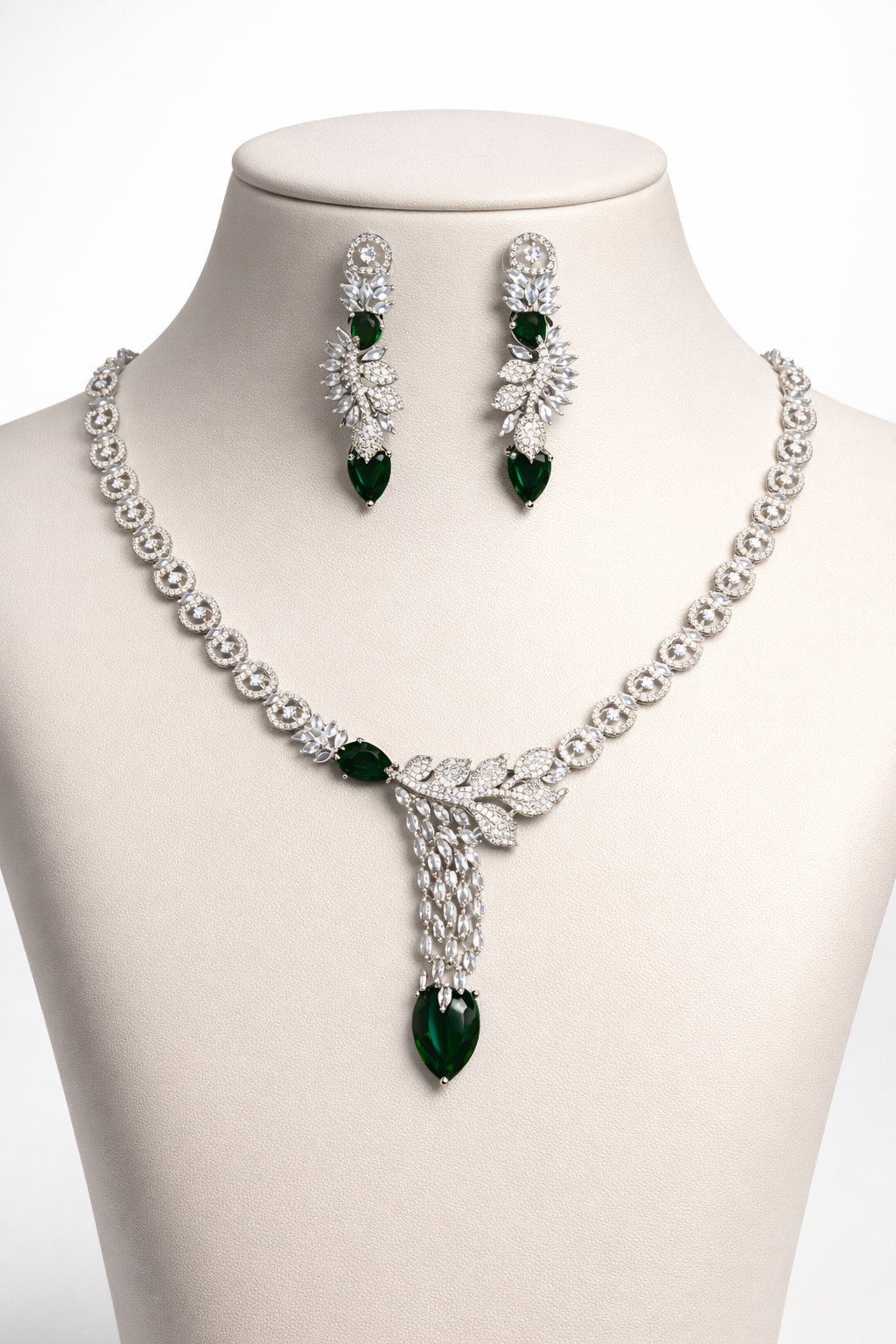 Blue Stone Necklace Set with Leaf Chain and Tassel Drops