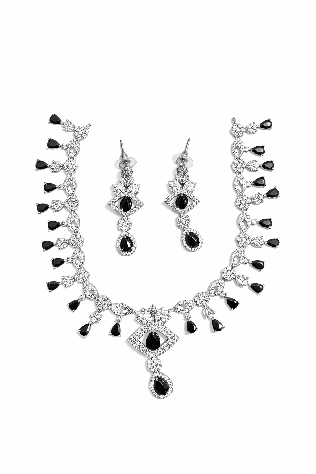 Elegant Black Stone Necklace Set with Fringe Drop Pattern