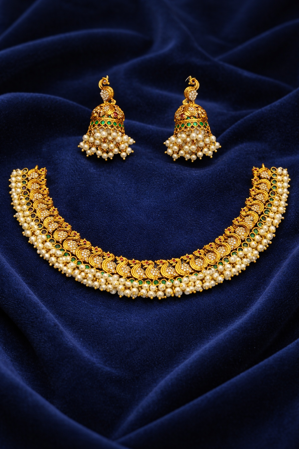 Antique Gold Peacock Choker Necklace Set with Jhumka Earrings