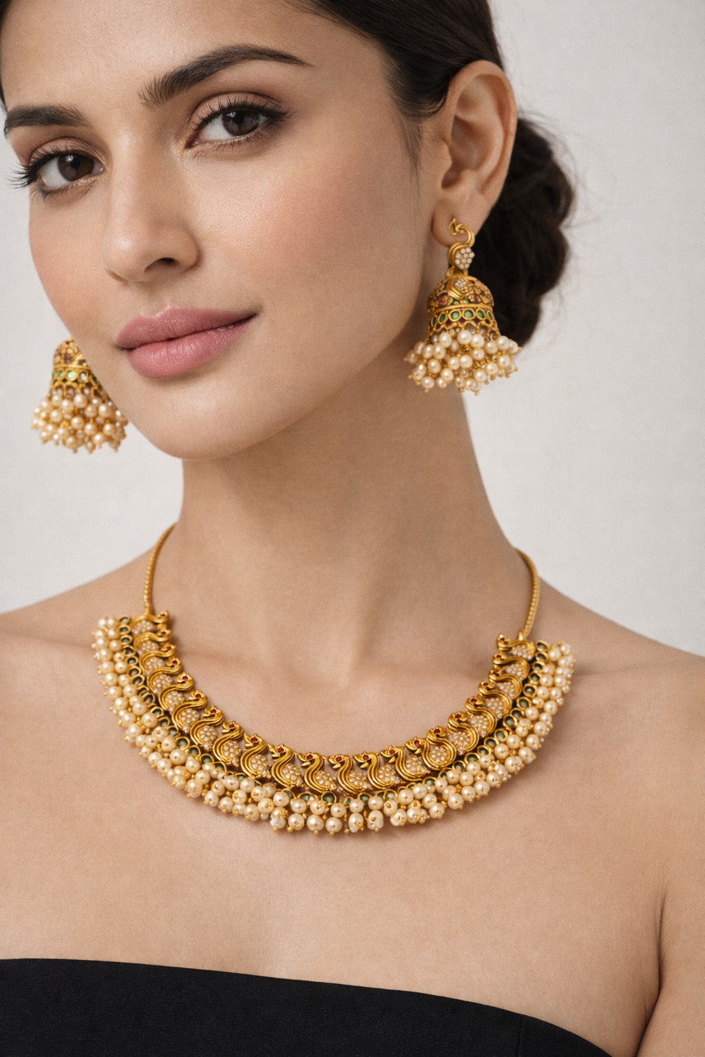 Antique Gold Peacock Choker Necklace Set with Jhumka Earrings