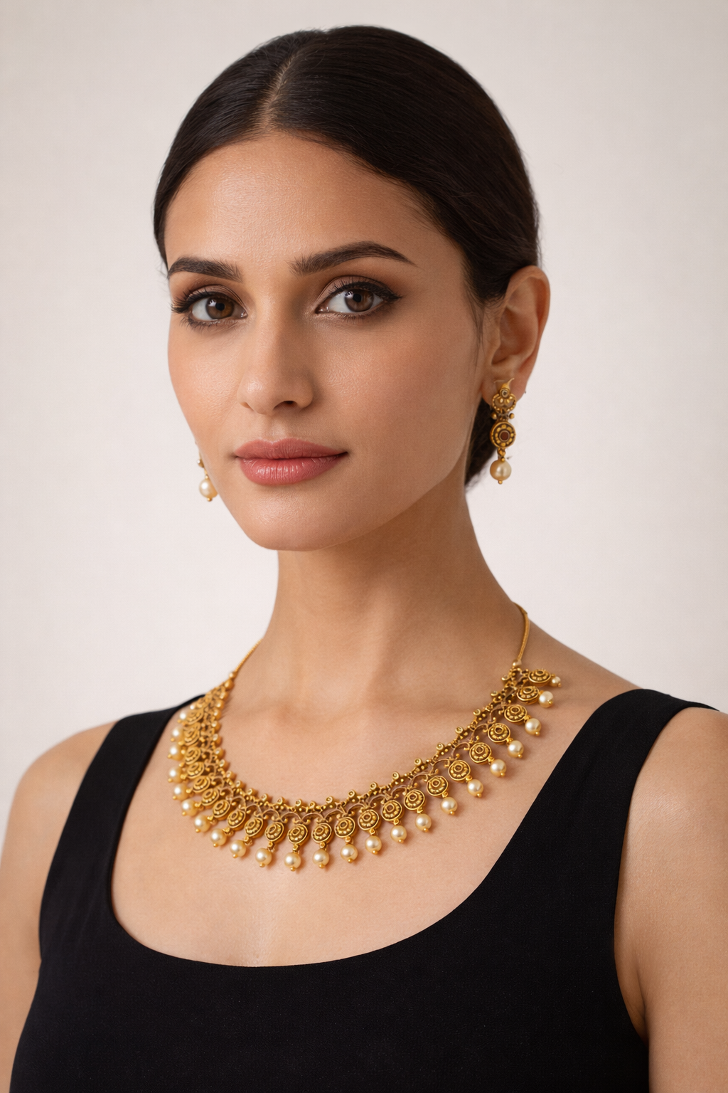 Traditional Coin Design Necklace Set with Pearl Drops