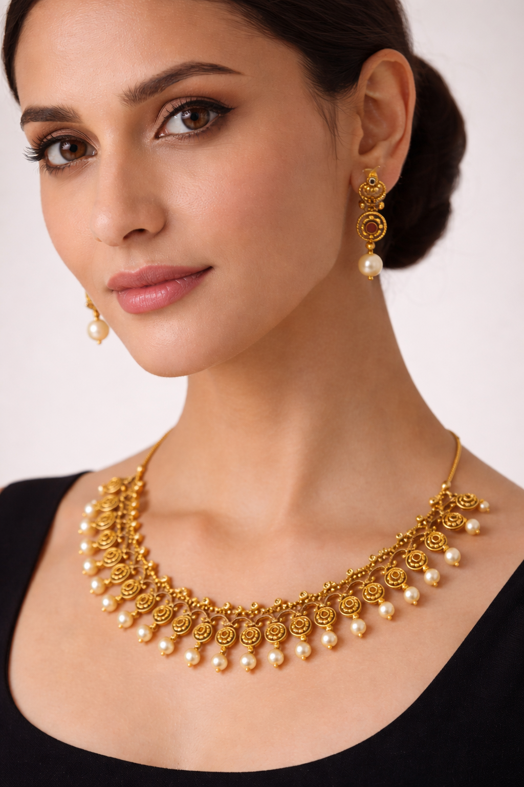 Traditional Coin Design Necklace Set with Pearl Drops