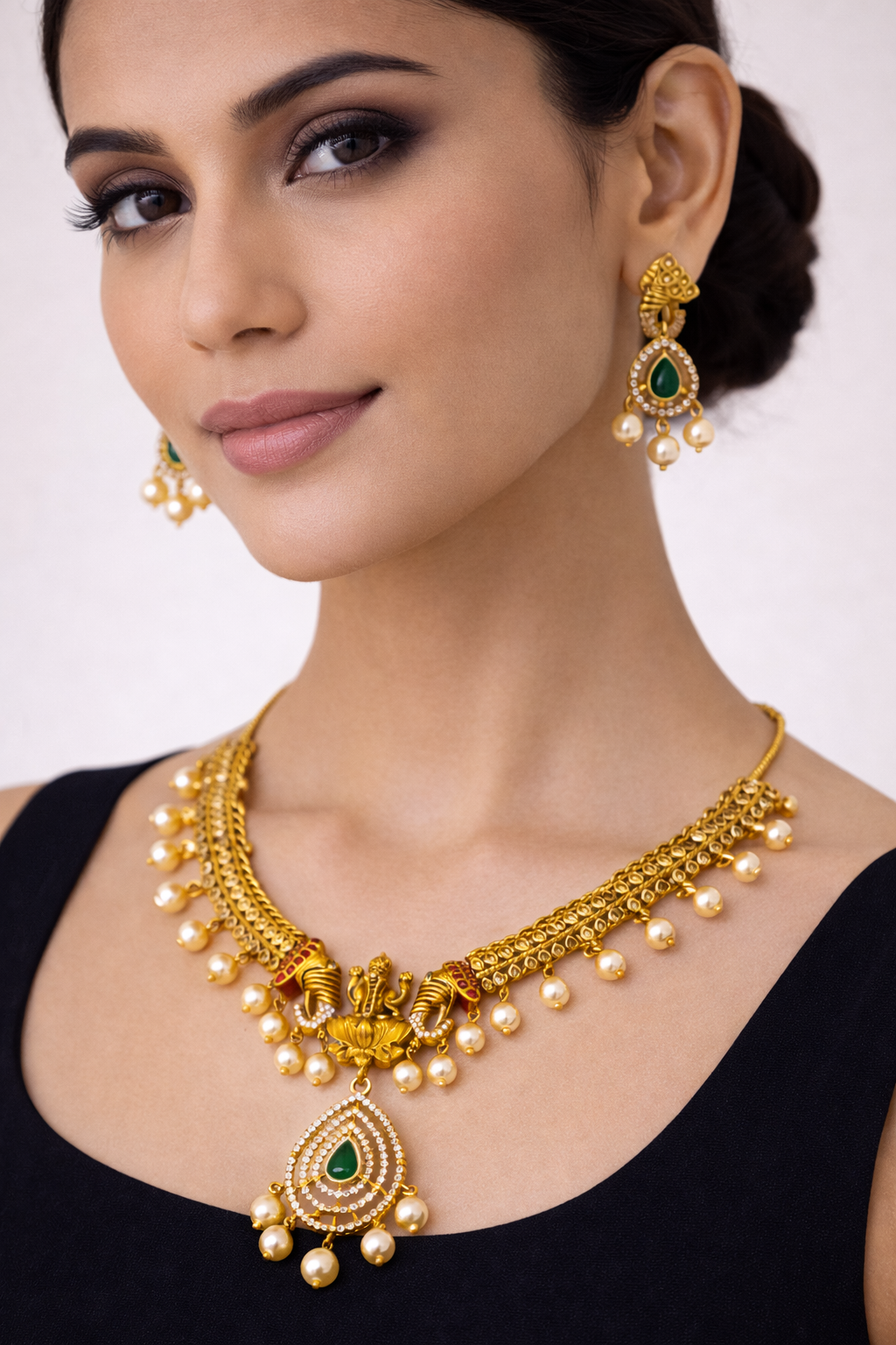 Antique Ganesh Temple Necklace Set with Green Stone Pendant