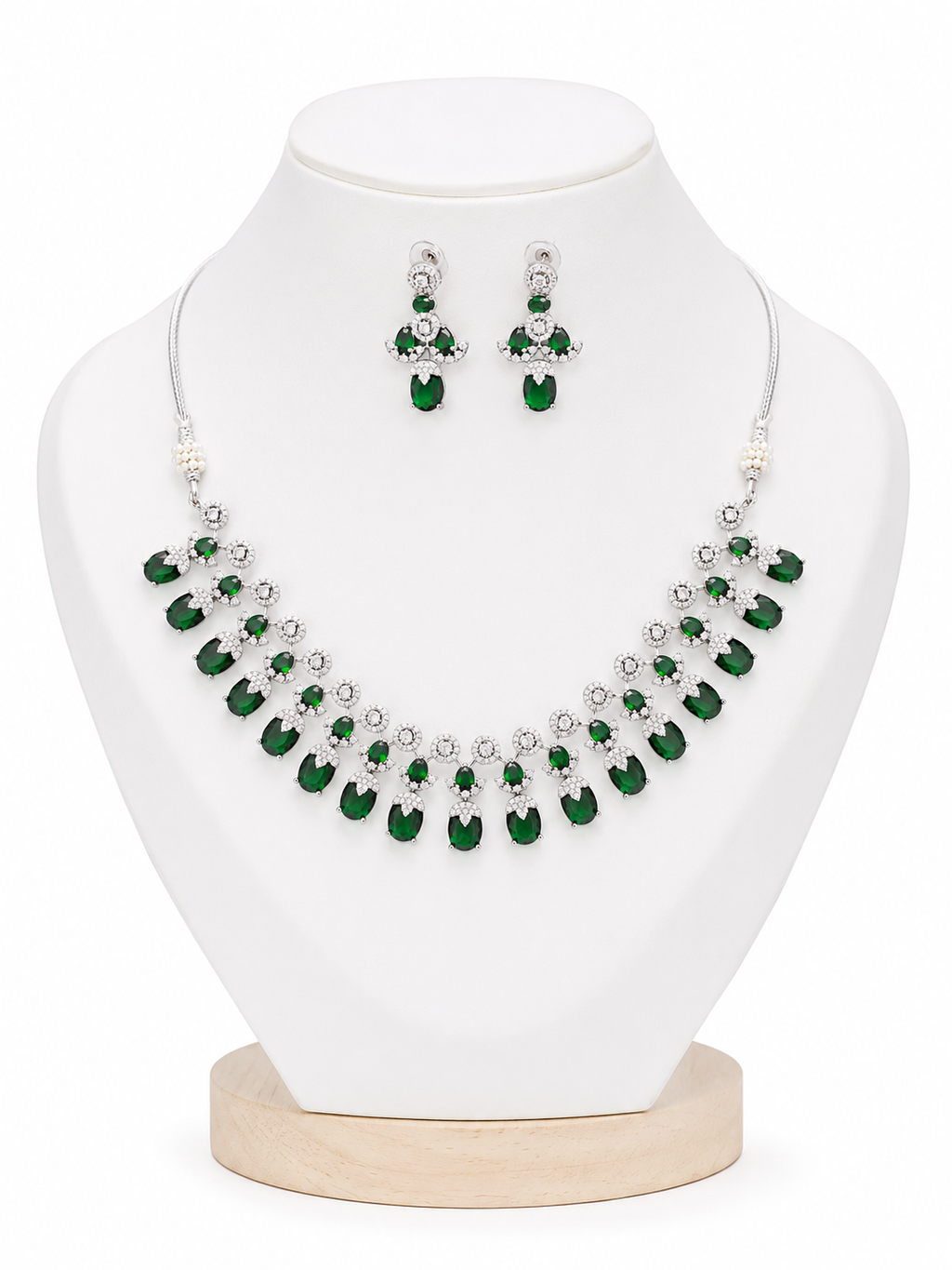 Emerald Green American Diamond Necklace Set for Women | Silver Plated CZ Bridal & Party Wear Jewelry with Matching Earrings