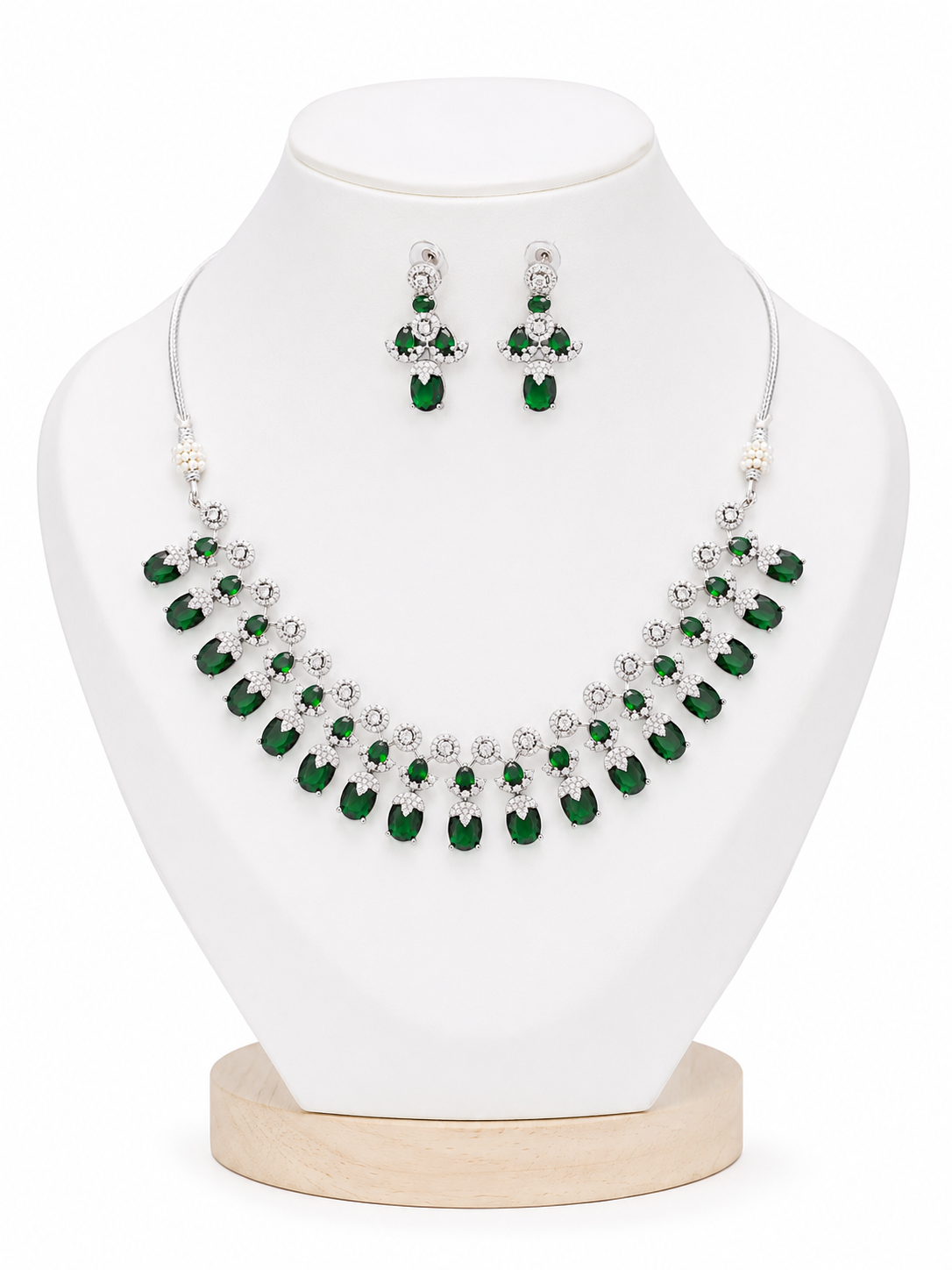 Emerald Green American Diamond Necklace Set for Women | Silver Plated CZ Bridal & Party Wear Jewelry with Matching Earrings