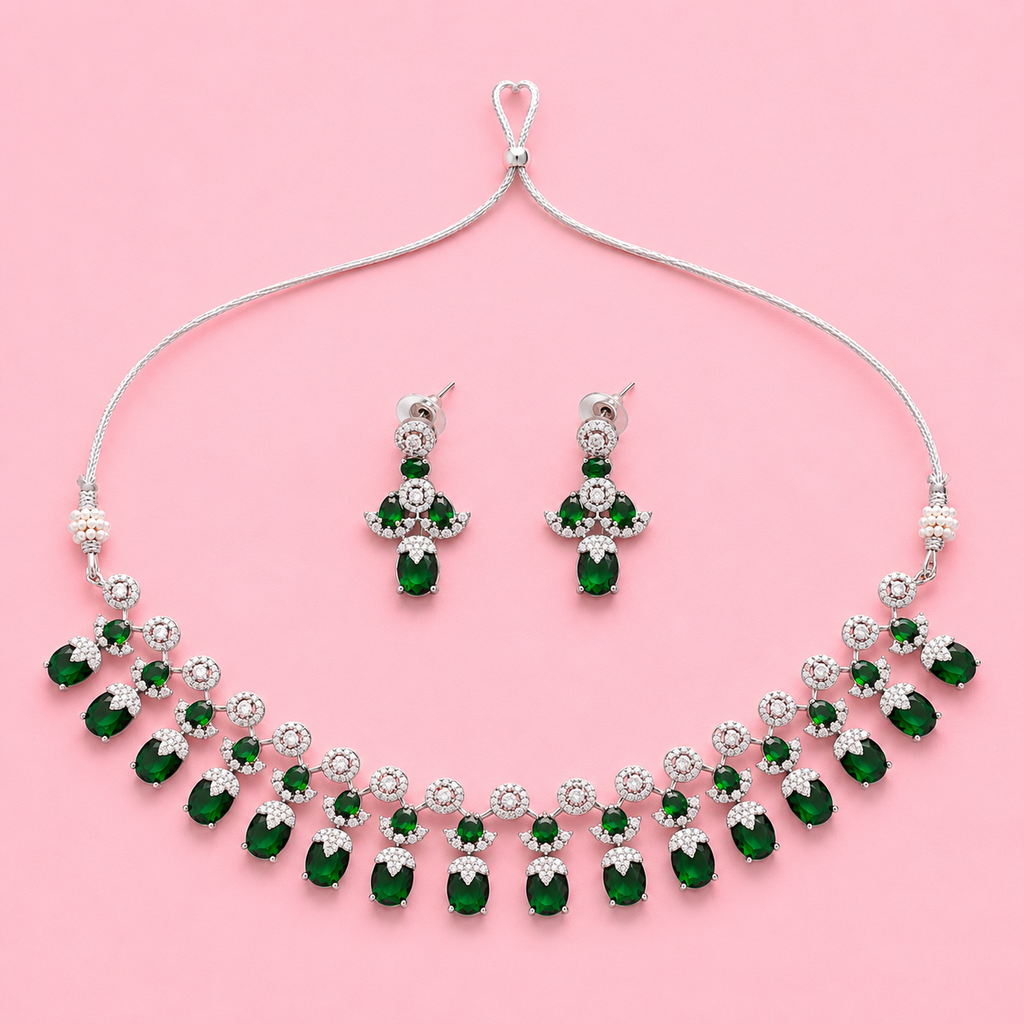 Emerald Green American Diamond Necklace Set for Women | Silver Plated CZ Bridal & Party Wear Jewelry with Matching Earrings
