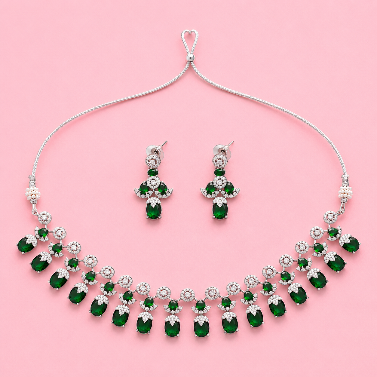 Emerald Green American Diamond Necklace Set for Women | Silver Plated CZ Bridal & Party Wear Jewelry with Matching Earrings
