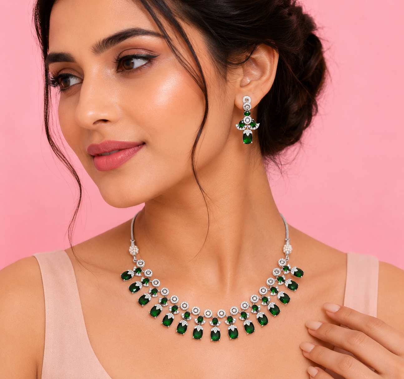 Emerald Green American Diamond Necklace Set for Women | Silver Plated CZ Bridal & Party Wear Jewelry with Matching Earrings