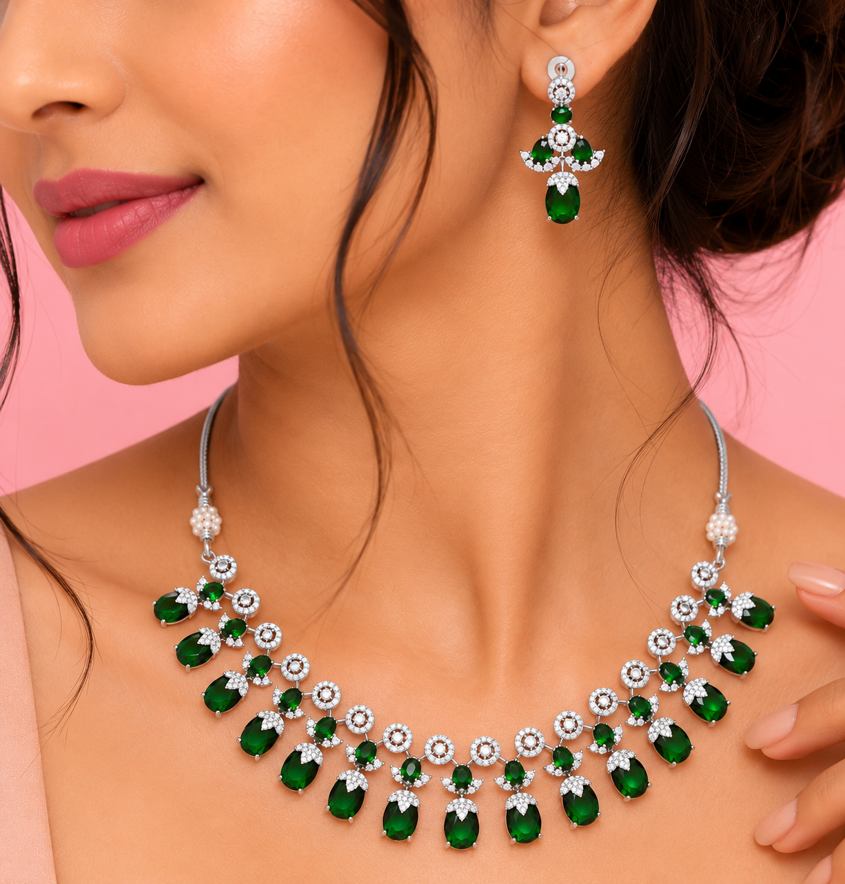 Emerald Green American Diamond Necklace Set for Women | Silver Plated CZ Bridal & Party Wear Jewelry with Matching Earrings