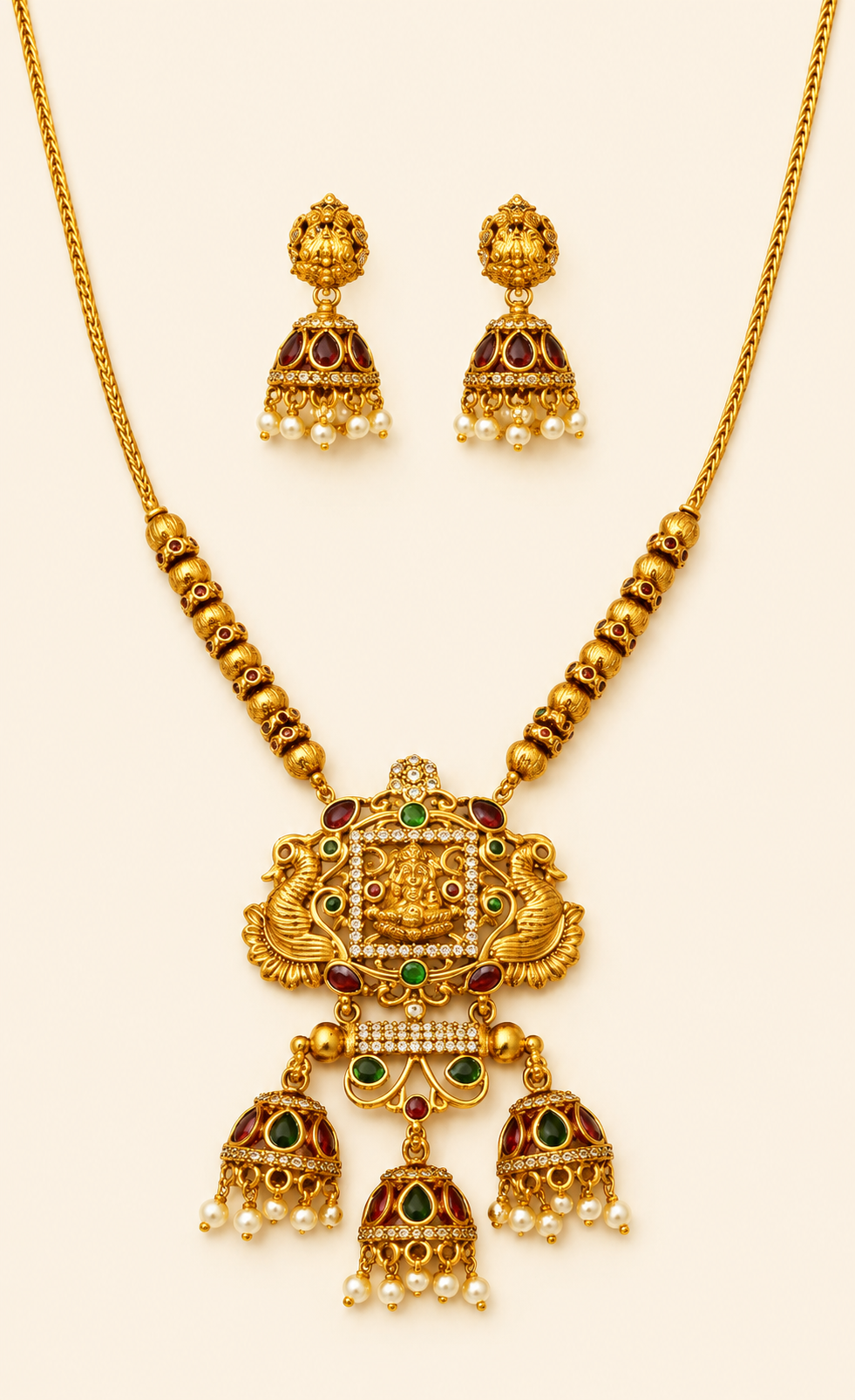 Antique Gold Temple Necklace Set with Jhumka Earrings