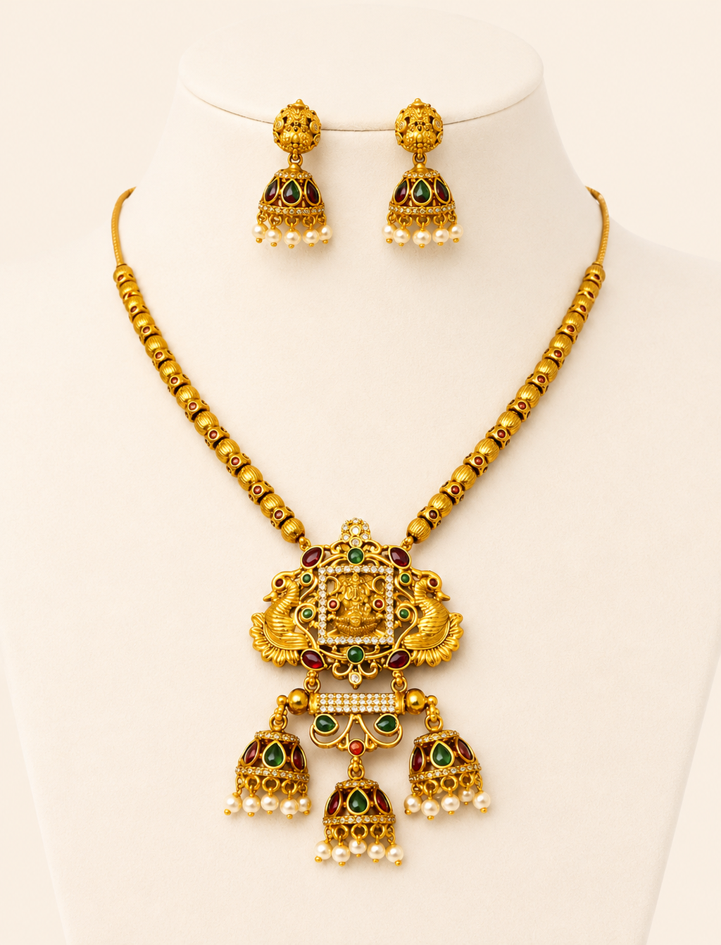 Antique Gold Temple Necklace Set with Jhumka Earrings