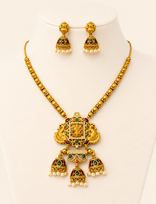 Antique Gold Temple Necklace Set with Jhumka Earrings