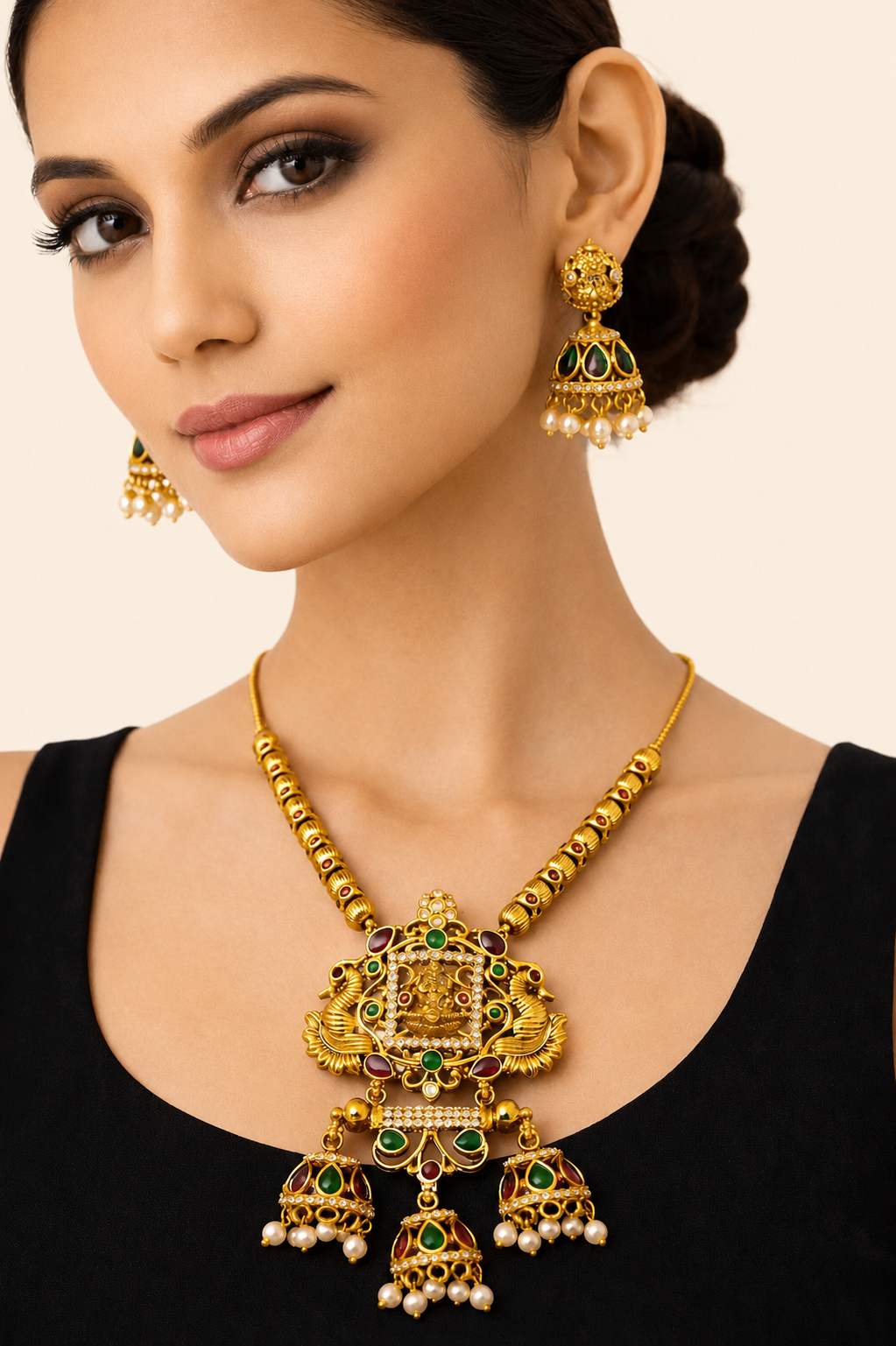 Antique Gold Temple Necklace Set with Jhumka Earrings