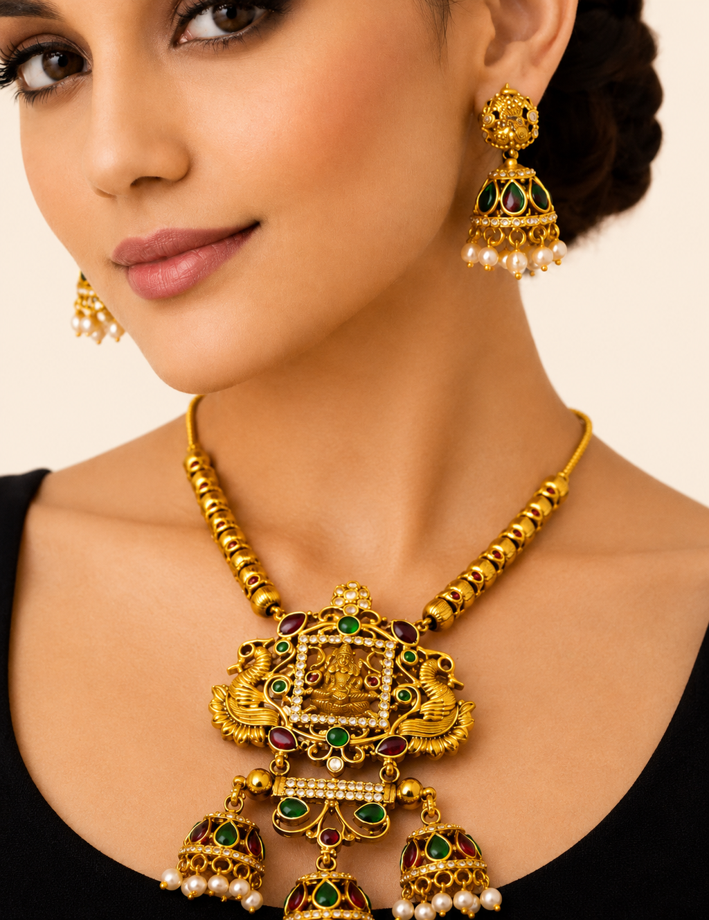 Antique Gold Temple Necklace Set with Jhumka Earrings