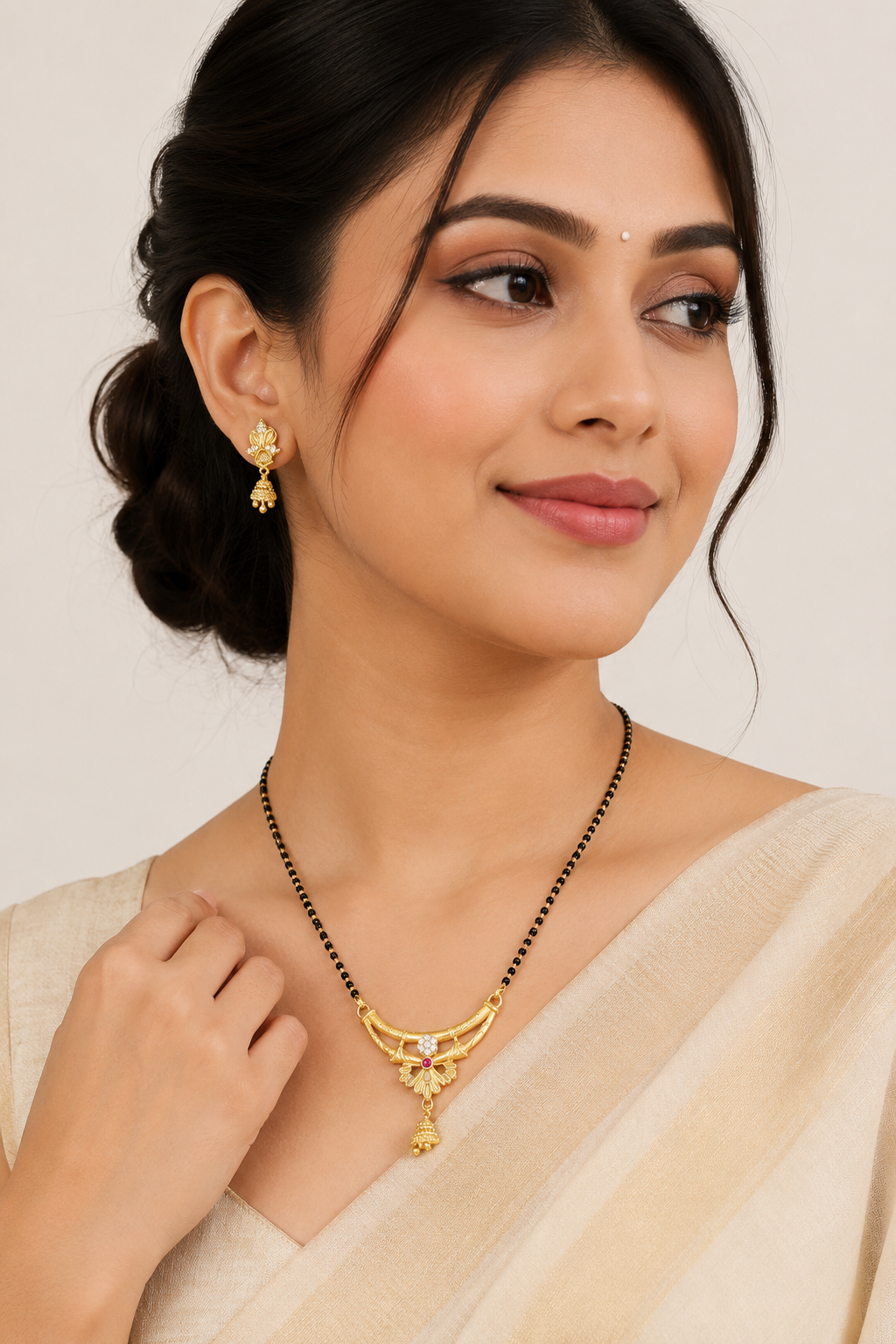 Gold-Plated Floral Mangalsutra Set with American Diamond, Ruby Stone and Matching Jhumki Earrings for Women