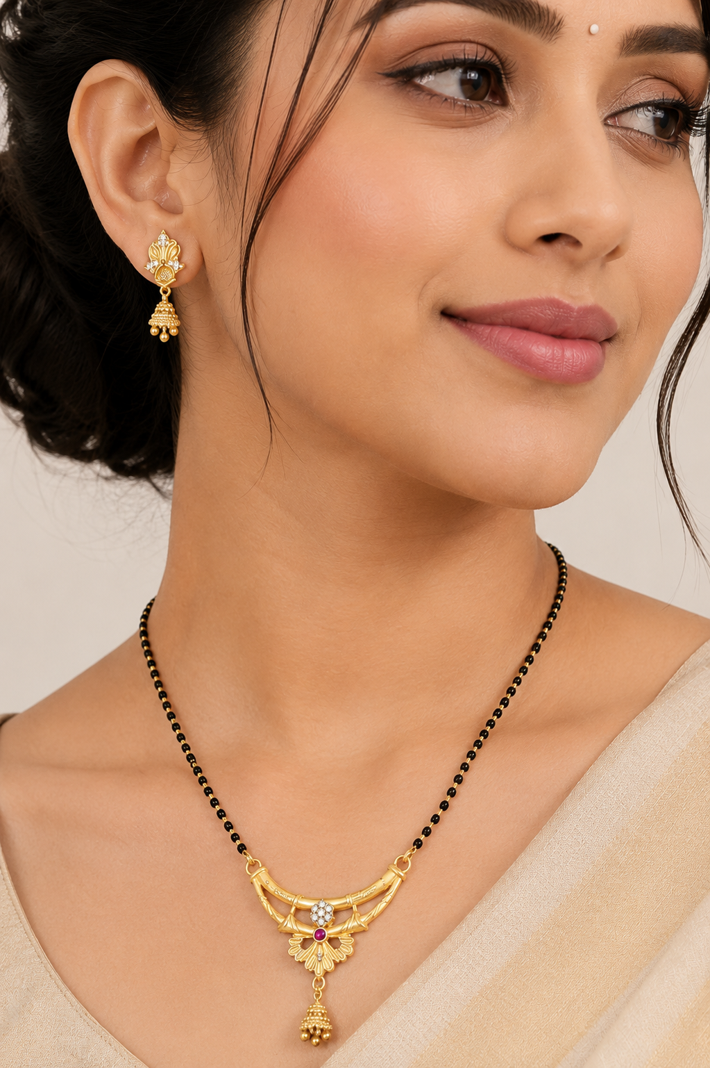 Gold-Plated Floral Mangalsutra Set with American Diamond, Ruby Stone and Matching Jhumki Earrings for Women