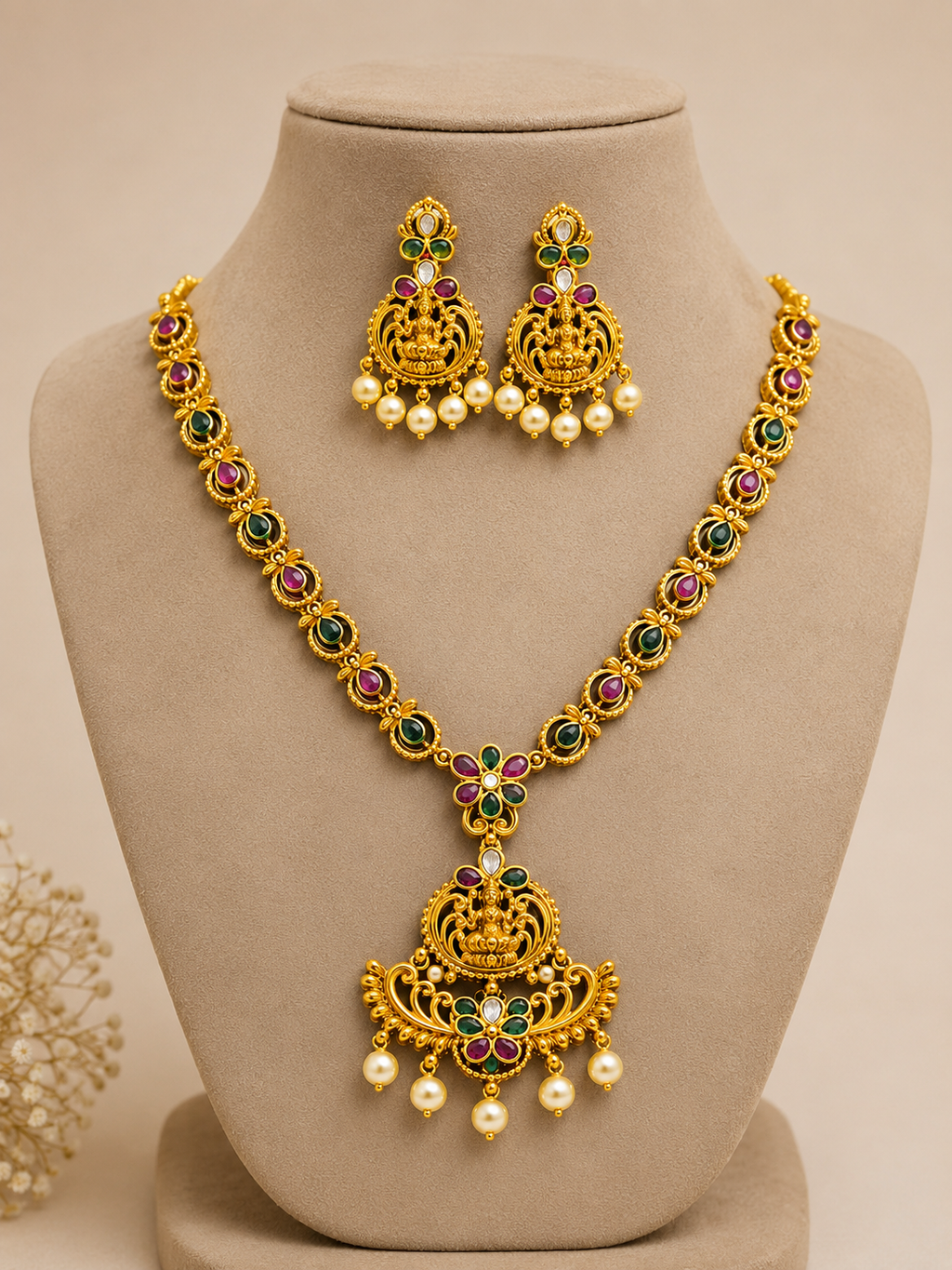 Traditional Temple Necklace Set with Matching Earrings | Antique Gold Plated Ethnic Jewellery