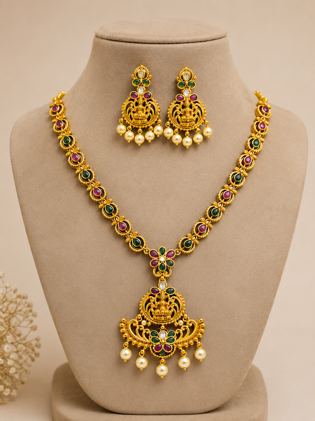 Traditional Temple Necklace Set with Matching Earrings | Antique Gold Plated Ethnic Jewellery