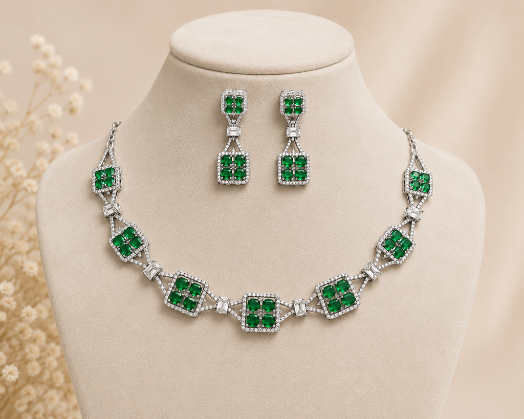 Emerald Green Geometric Necklace Set with Matching Drop Earrings | Silver Plated Designer Jewellery