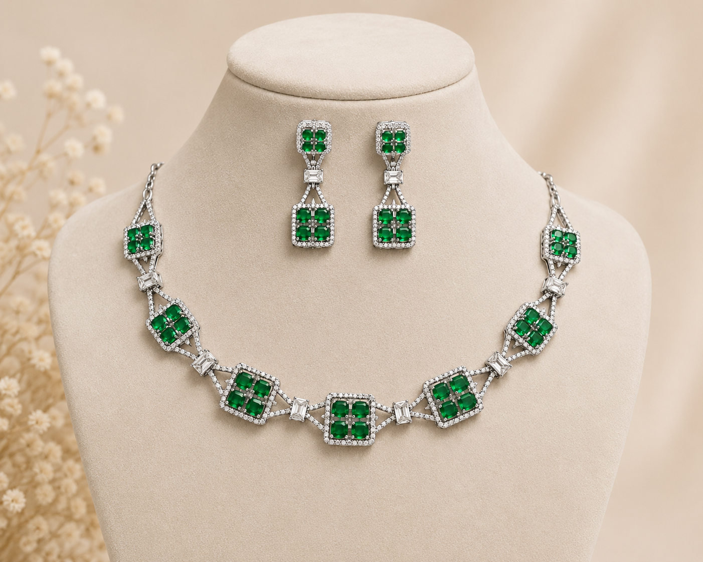 Emerald Green Geometric Necklace Set with Matching Drop Earrings | Silver Plated Designer Jewellery