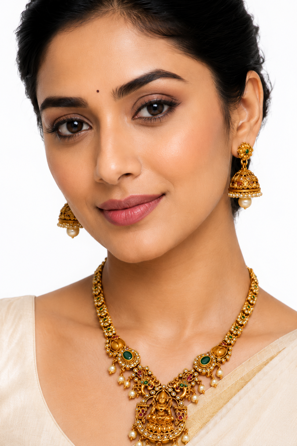 Traditional Antique Gold-Plated Lakshmi Temple Necklace Set with Jhumka Earrings | Green & Ruby Stone Bridal Jewellery | South Indian Wedding Jewellery for Women