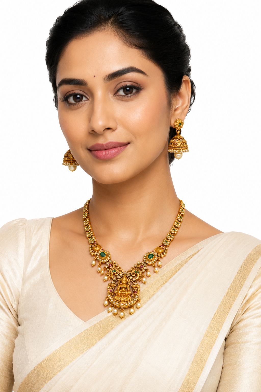 Traditional Antique Gold-Plated Lakshmi Temple Necklace Set with Jhumka Earrings | Green & Ruby Stone Bridal Jewellery | South Indian Wedding Jewellery for Women