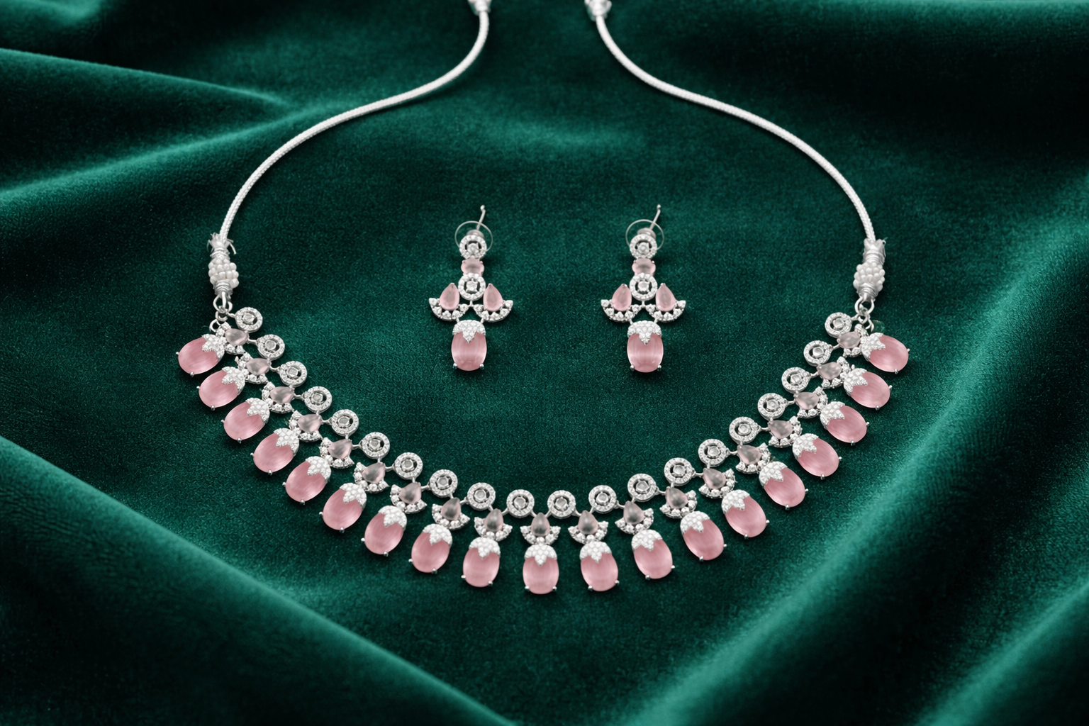 Pink Stone Crystal Necklace Set with Drop Earrings