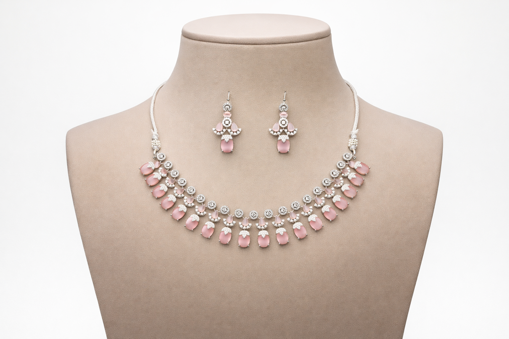 Pink Stone Crystal Necklace Set with Drop Earrings