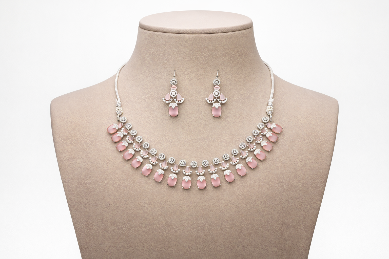 Pink Stone Crystal Necklace Set with Drop Earrings