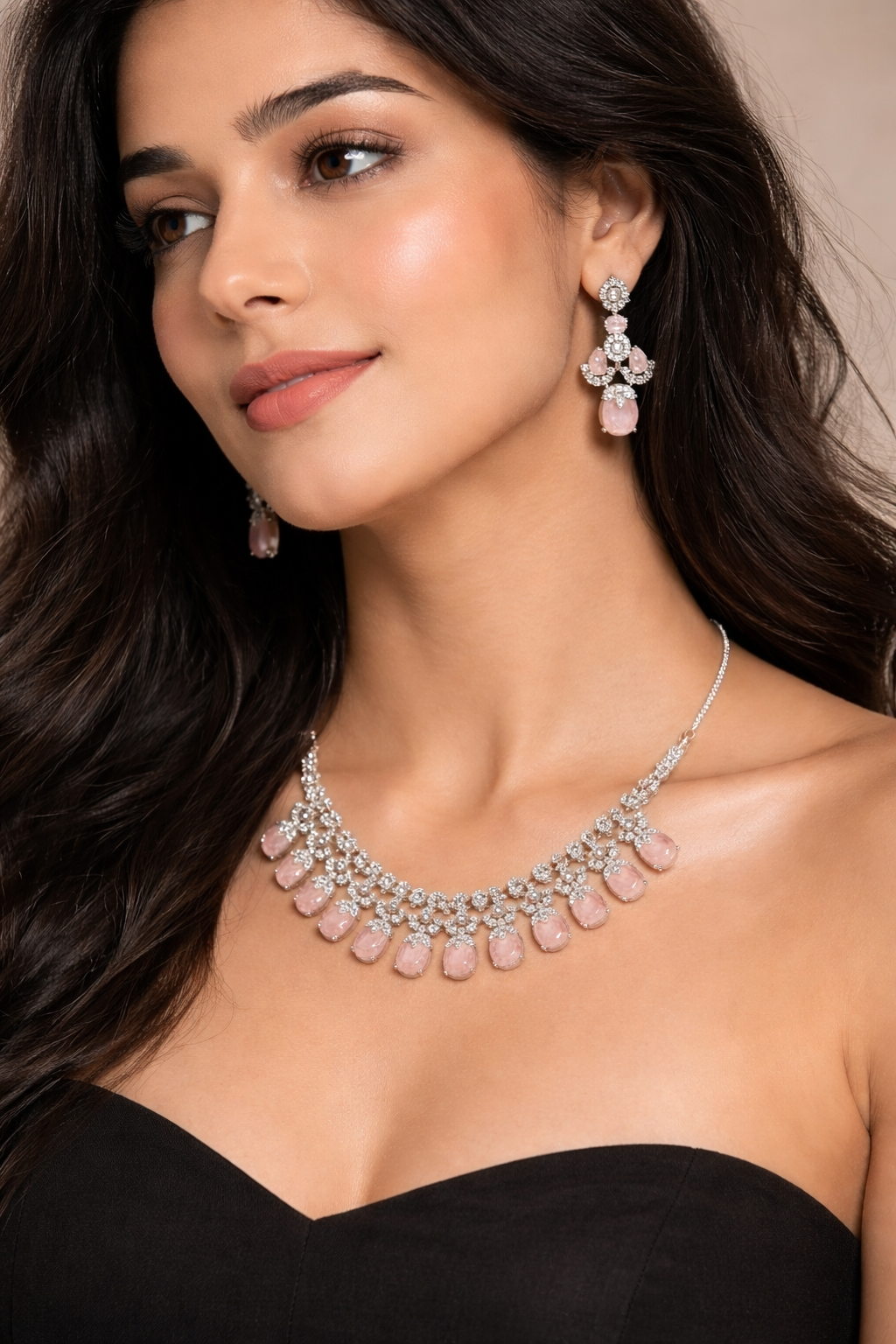 Pink Stone Crystal Necklace Set with Drop Earrings