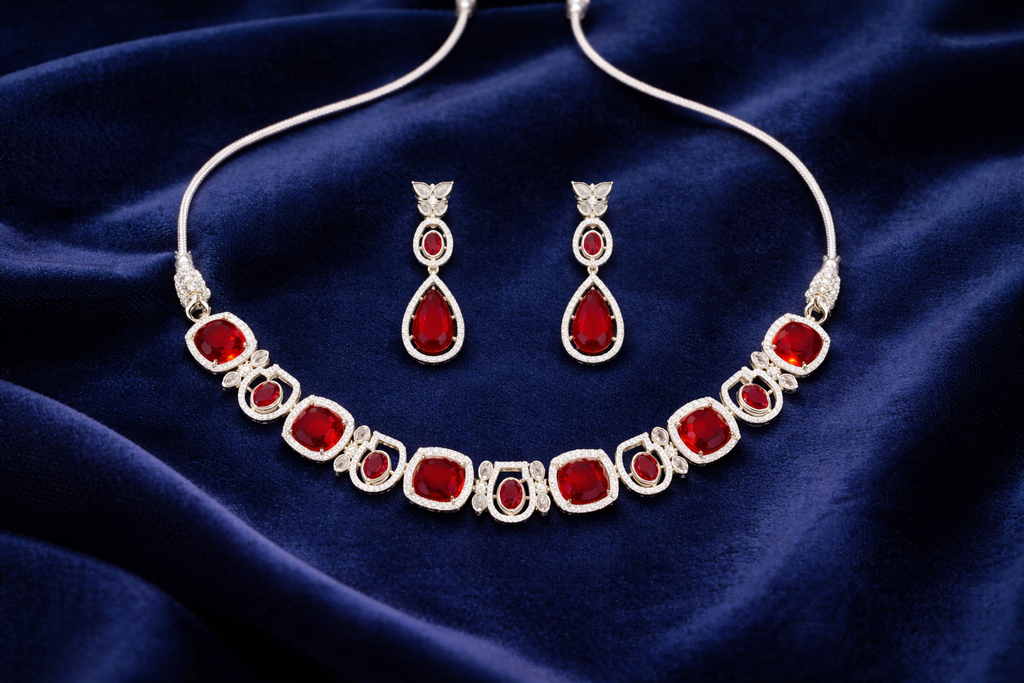 Red Stone Crystal Necklace Set with Drop Earrings