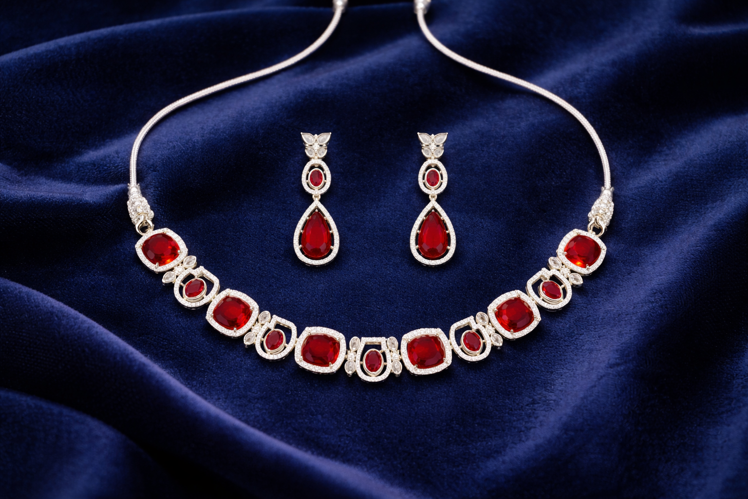 Red Stone Crystal Necklace Set with Drop Earrings