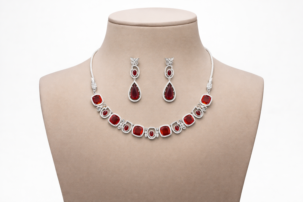 Red Stone Crystal Necklace Set with Drop Earrings