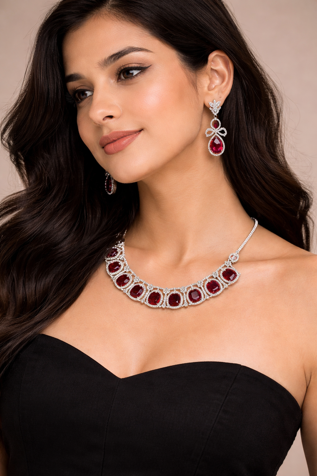Red Stone Crystal Necklace Set with Drop Earrings