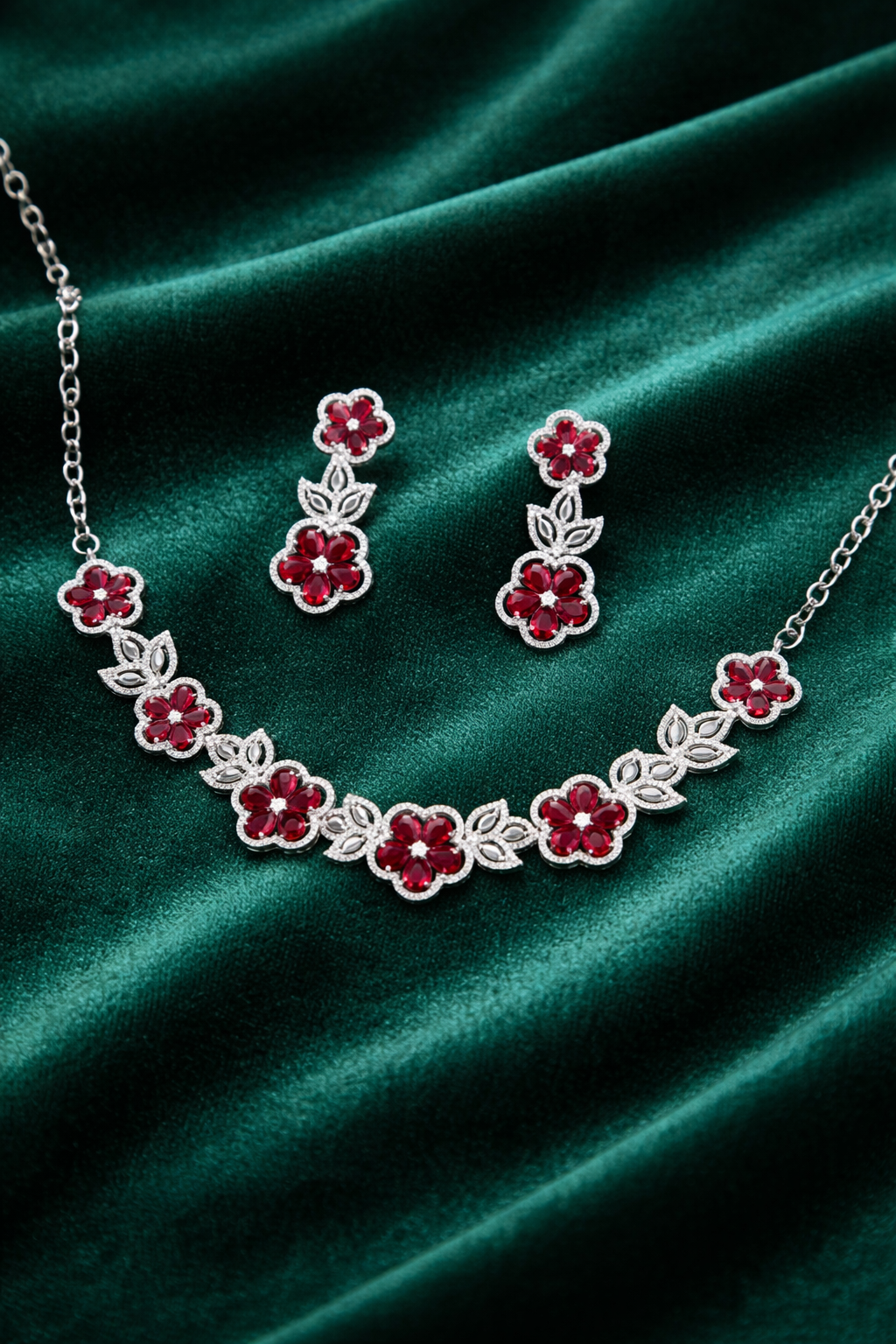 Red Floral Crystal Necklace Set with Drop Earrings