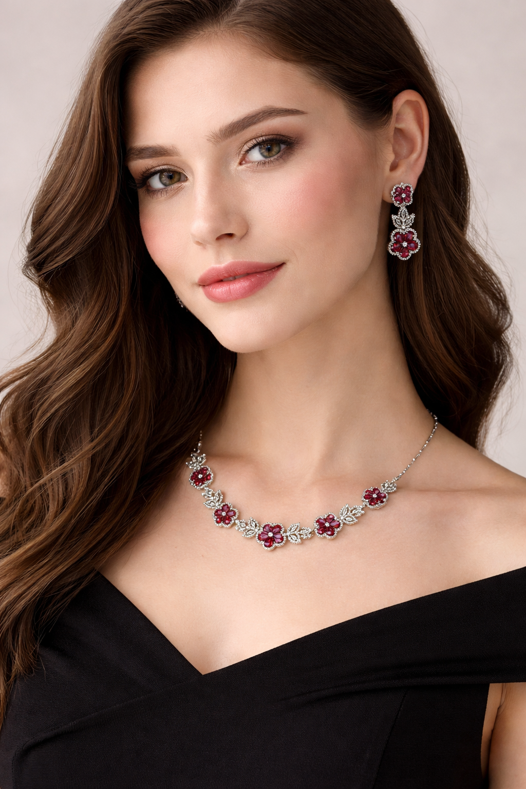 Red Floral Crystal Necklace Set with Drop Earrings