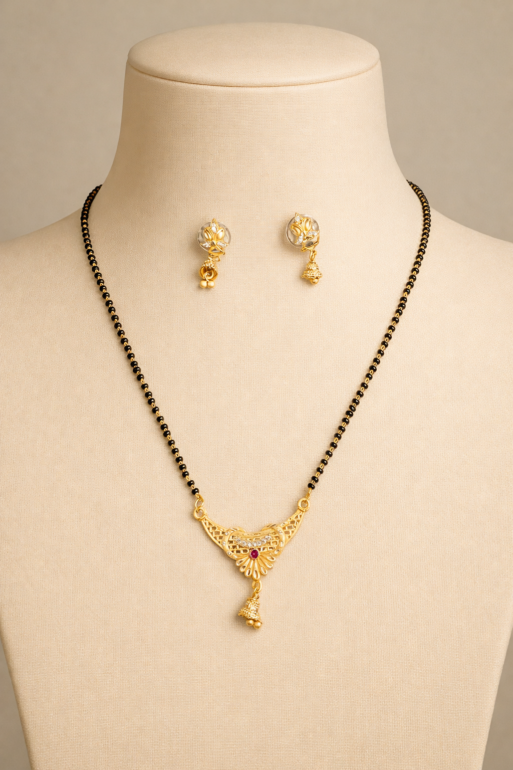 Gold-Plated Traditional Mangalsutra Set with American Diamond, Ruby Stone and Matching Jhumki Earrings for Women