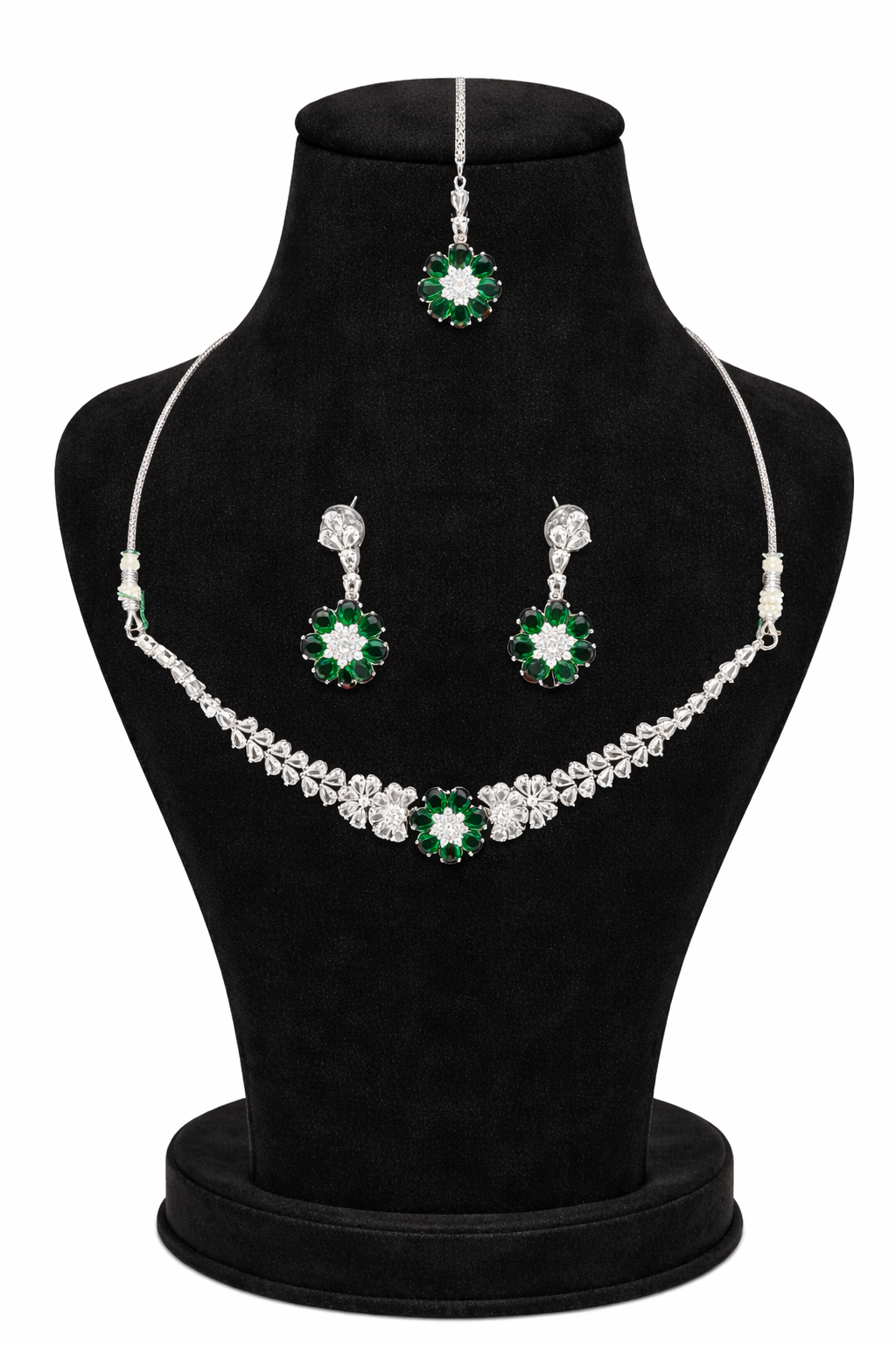 Elegant Green Floral Stone Necklace Set with Earrings