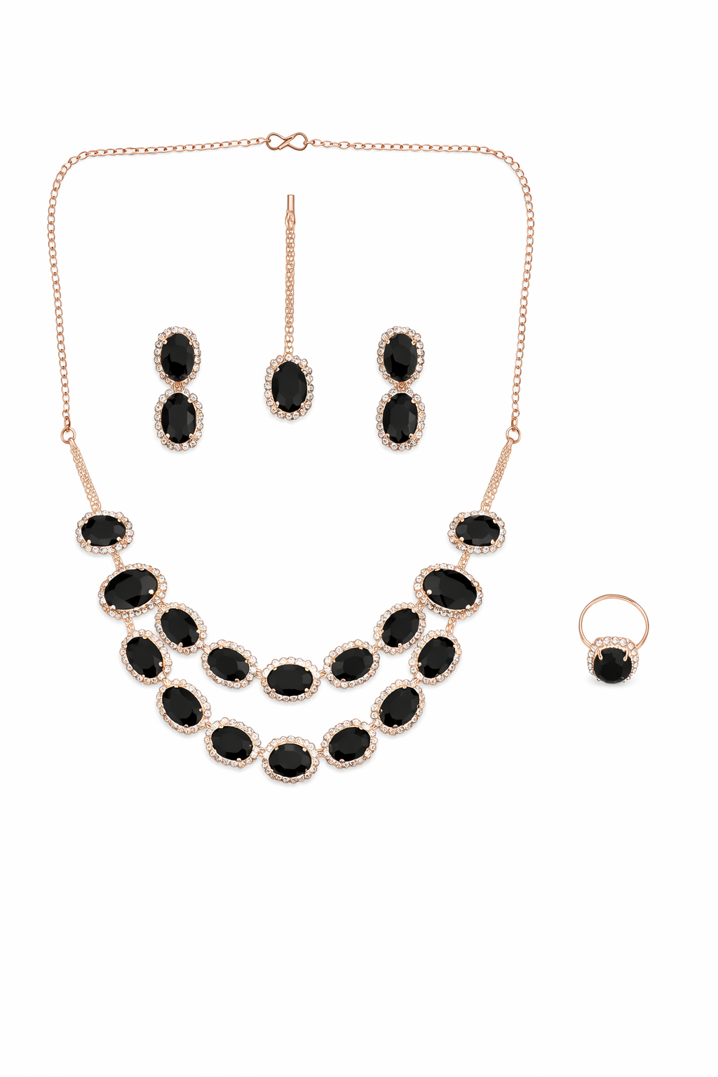 Rose Gold Black Stone Layered Necklace Set with Earrings Ring and Maang Tikka