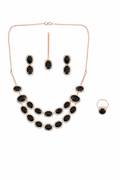 Rose Gold Black Stone Layered Necklace Set with Earrings Ring and Maang Tikka