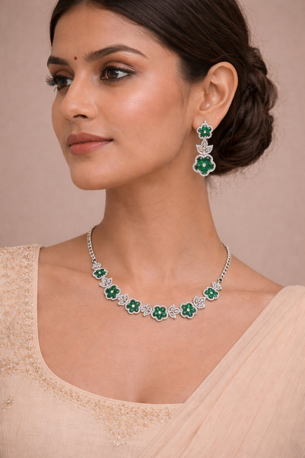 Green Floral Crystal Necklace Set with Drop Earrings