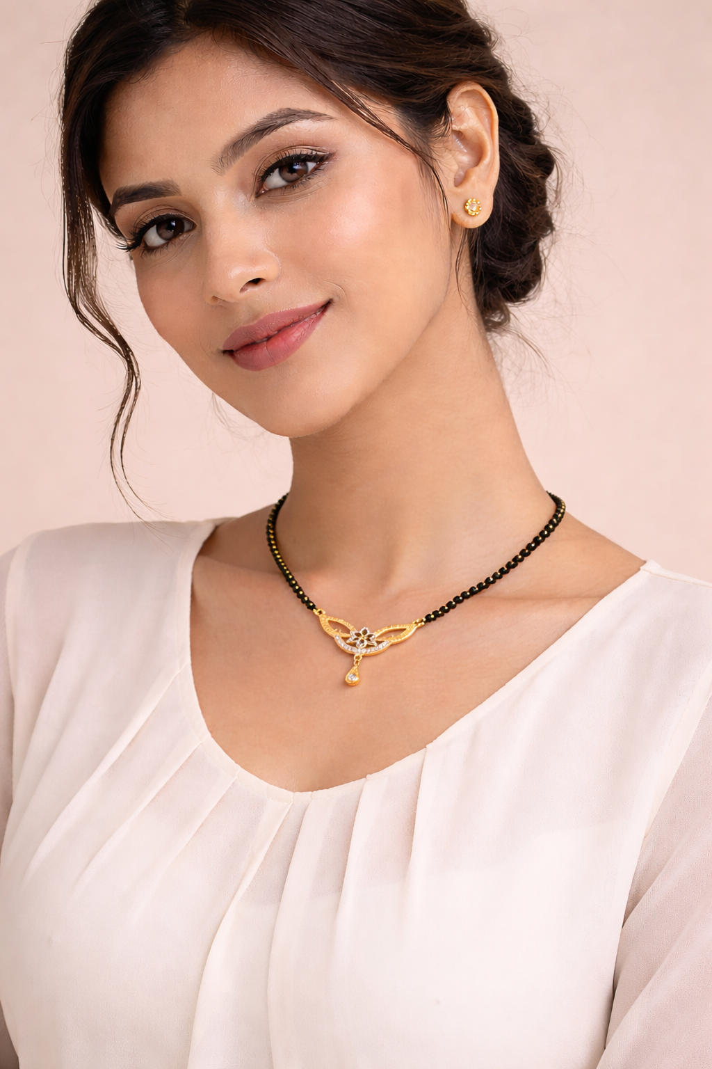 Gold-Plated Floral CZ Mangalsutra with Teardrop Pendant for Women
