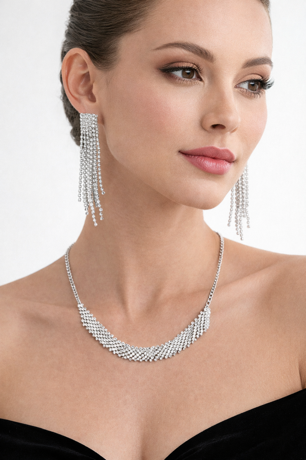 Silver AD Necklace Set with Crystal Layers and Long Tassel Earrings