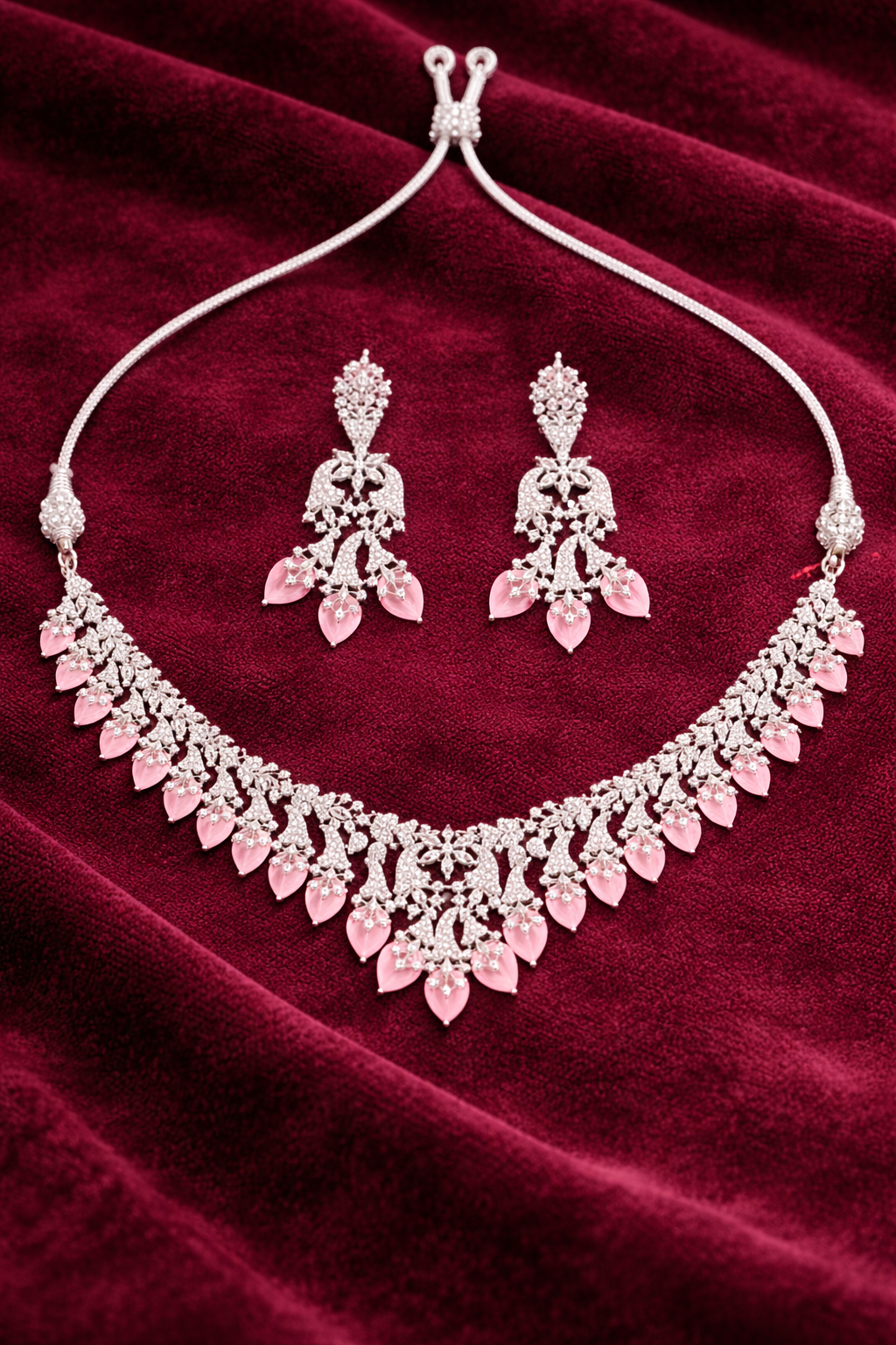 Elegant Silver Necklace Set with Pink Dangling Stones