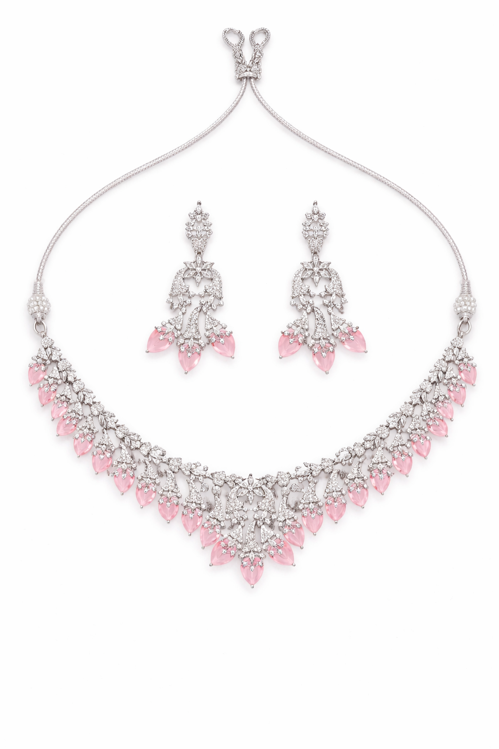 Elegant Silver Necklace Set with Pink Dangling Stones